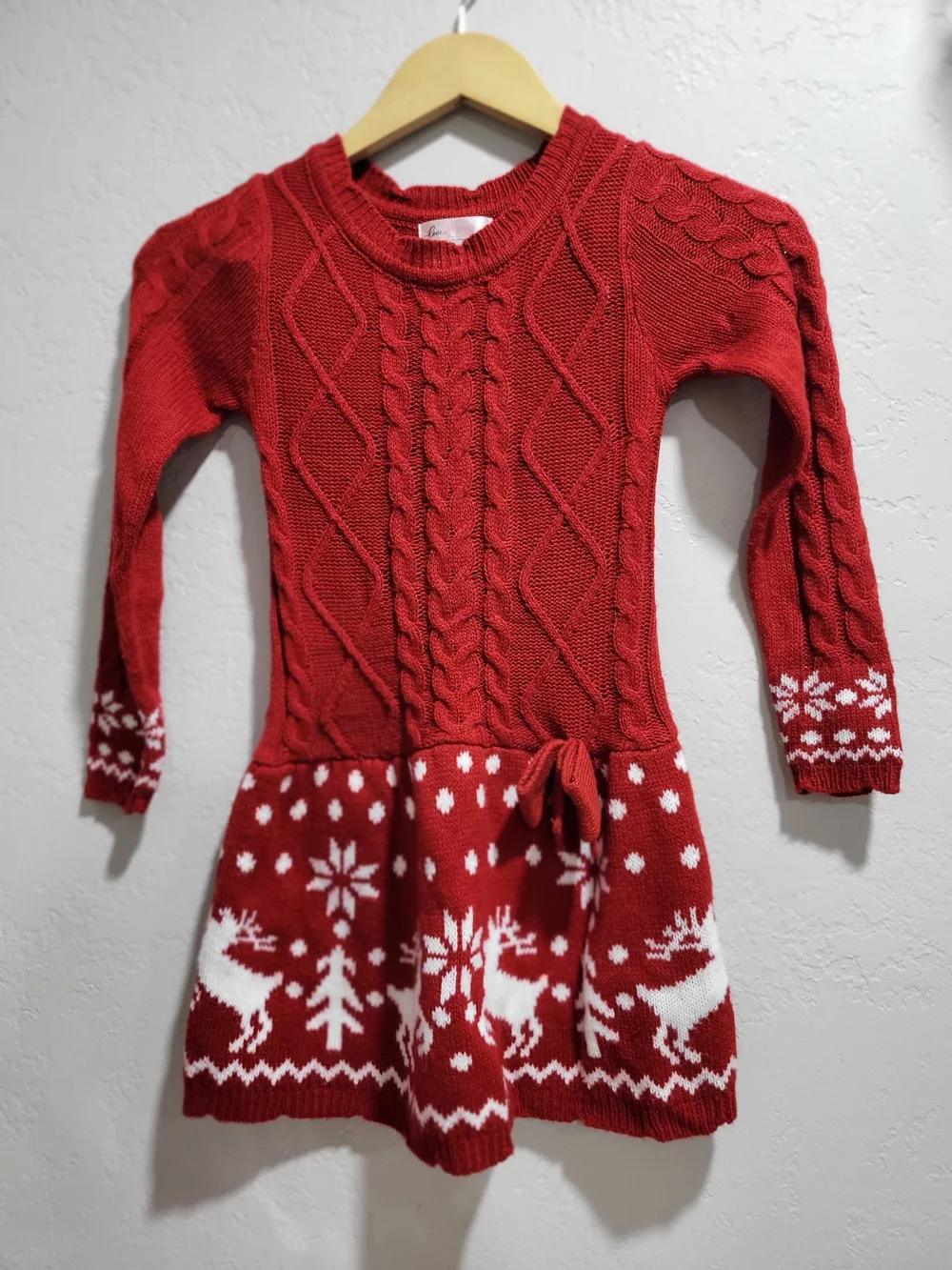 Girls' Red Cable-Knit Holiday Dress with Festive White Motif